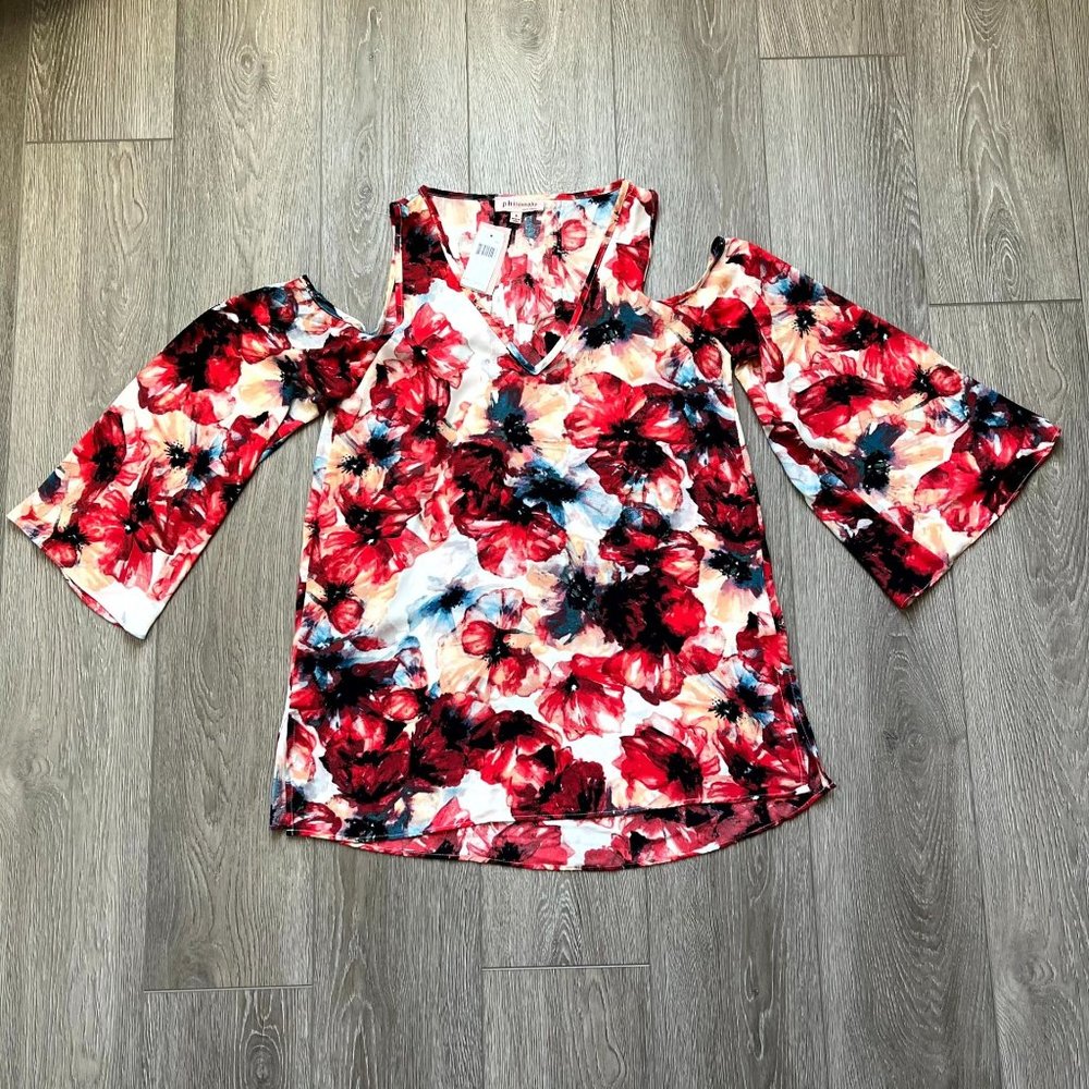 NWT Philosophy Watercolor Floral Print Open Shoulder Blouse Small